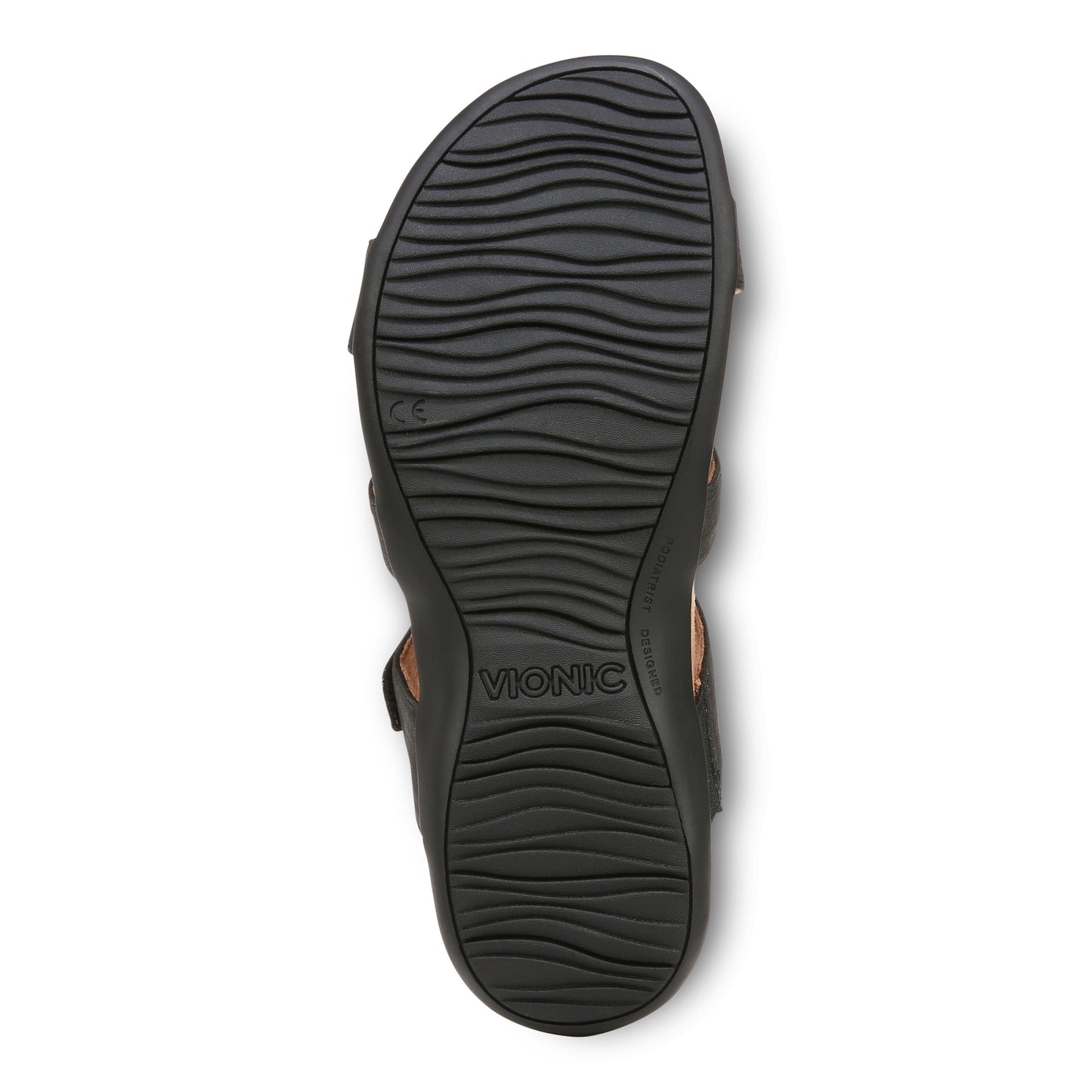 black sandal outsole showing wavy grooves, and the word VIONIC