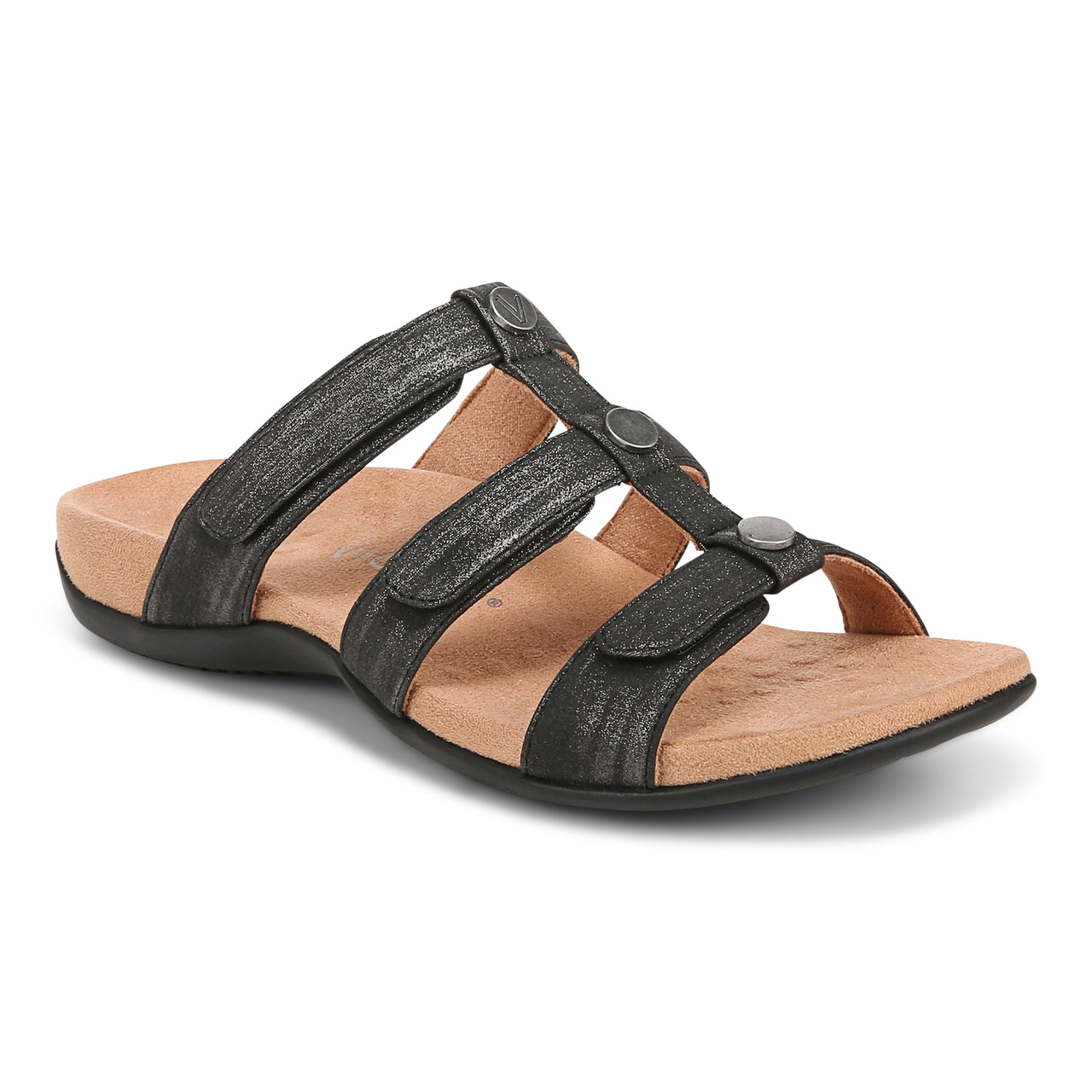 Black slide sandal with three adjustable hook-and-loop straps.