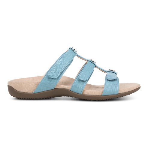 Light blue slide sandal with three adjustable straps.