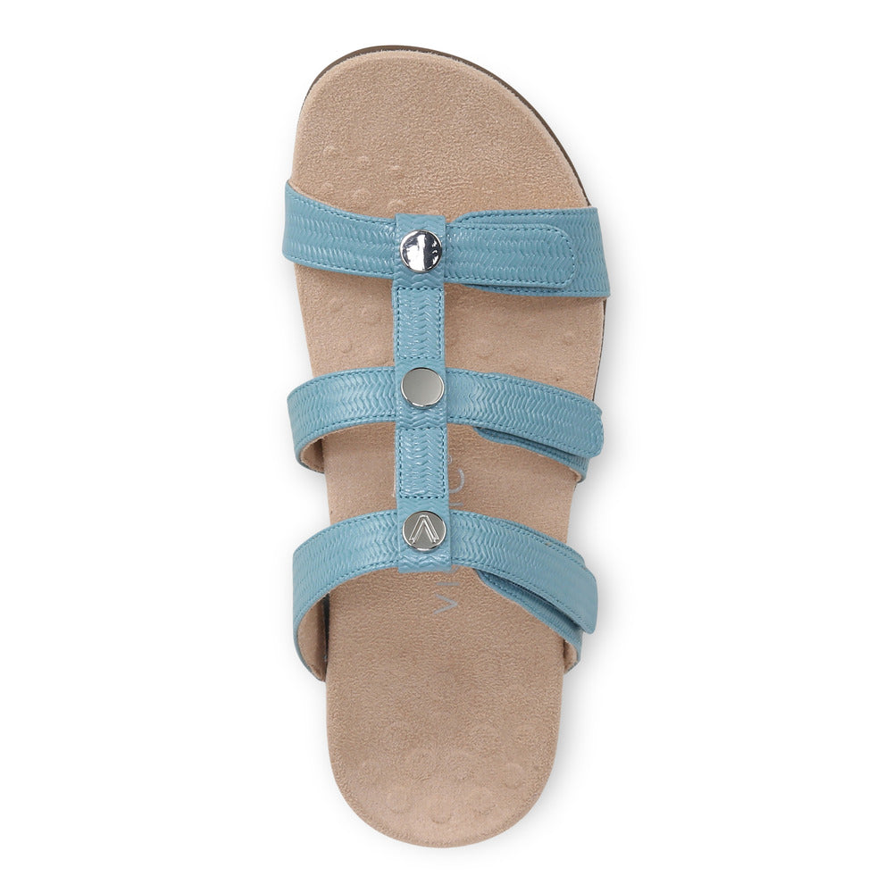 Light blue sandal with three horizontal straps and silver hardware.