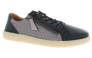 A low-top athletic shoe featuring a black leather toe and heel, a light gray woven textile midsection, a zippered outer, and a beige sole.
