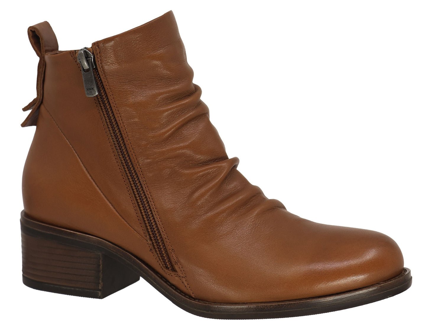 A brown leather ankle boot with a side zipper and a stacked heel.