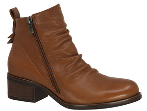 A brown leather ankle boot with a side zipper and a stacked heel.