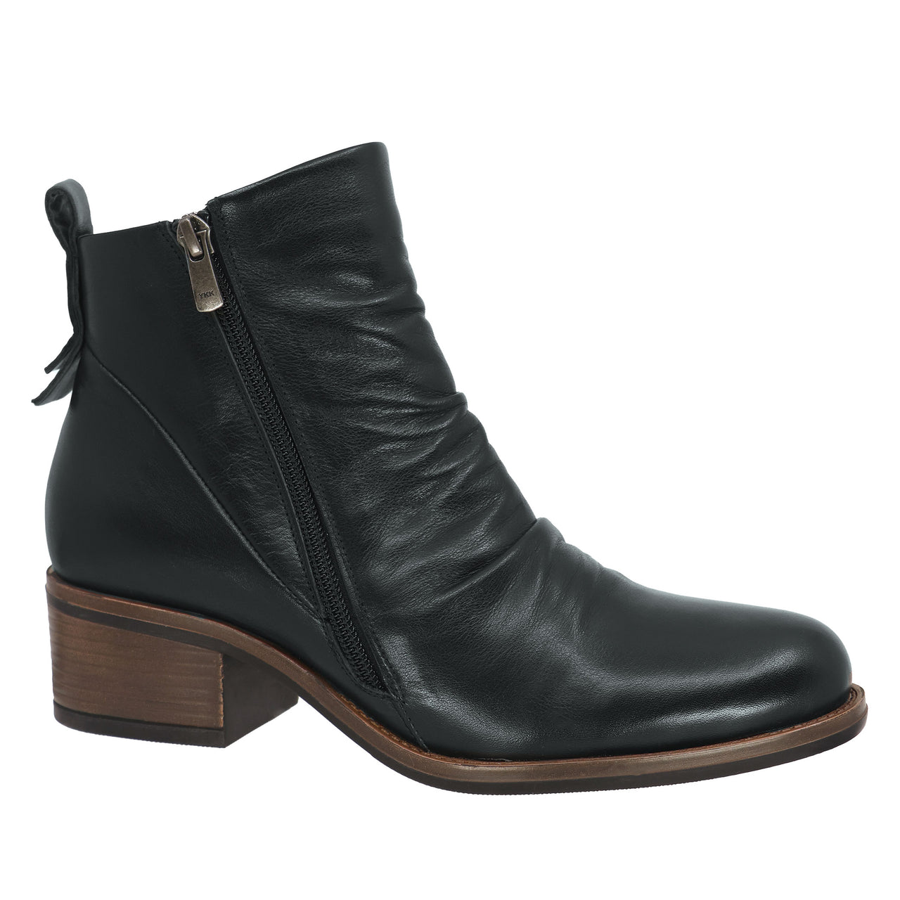 Black leather ankle boot with stacked block heel and zipper closure.