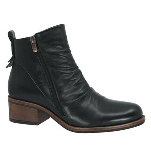 Black leather ankle boot with stacked block heel and zipper closure.