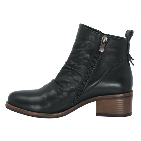 Black leather ankle boot with side zipper and block heel.