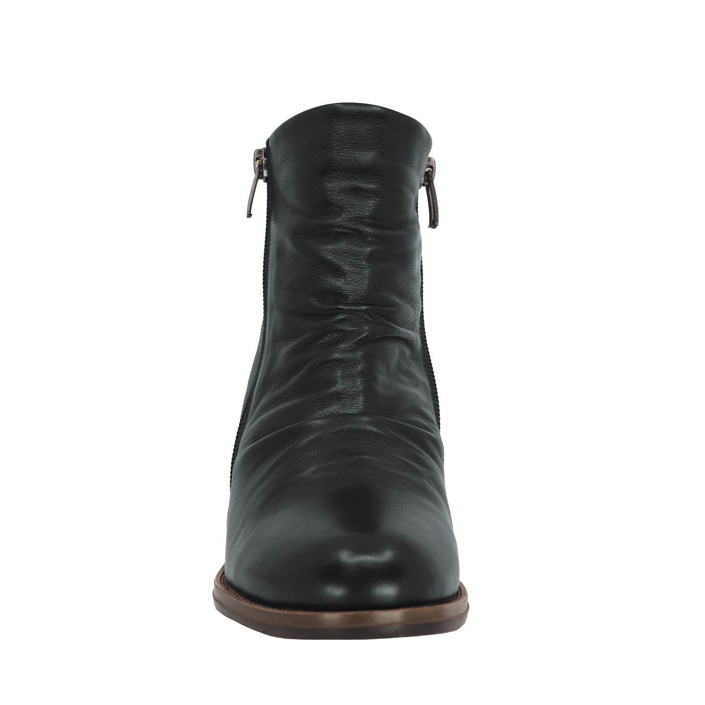 Black leather ankle boot with a side zipper.