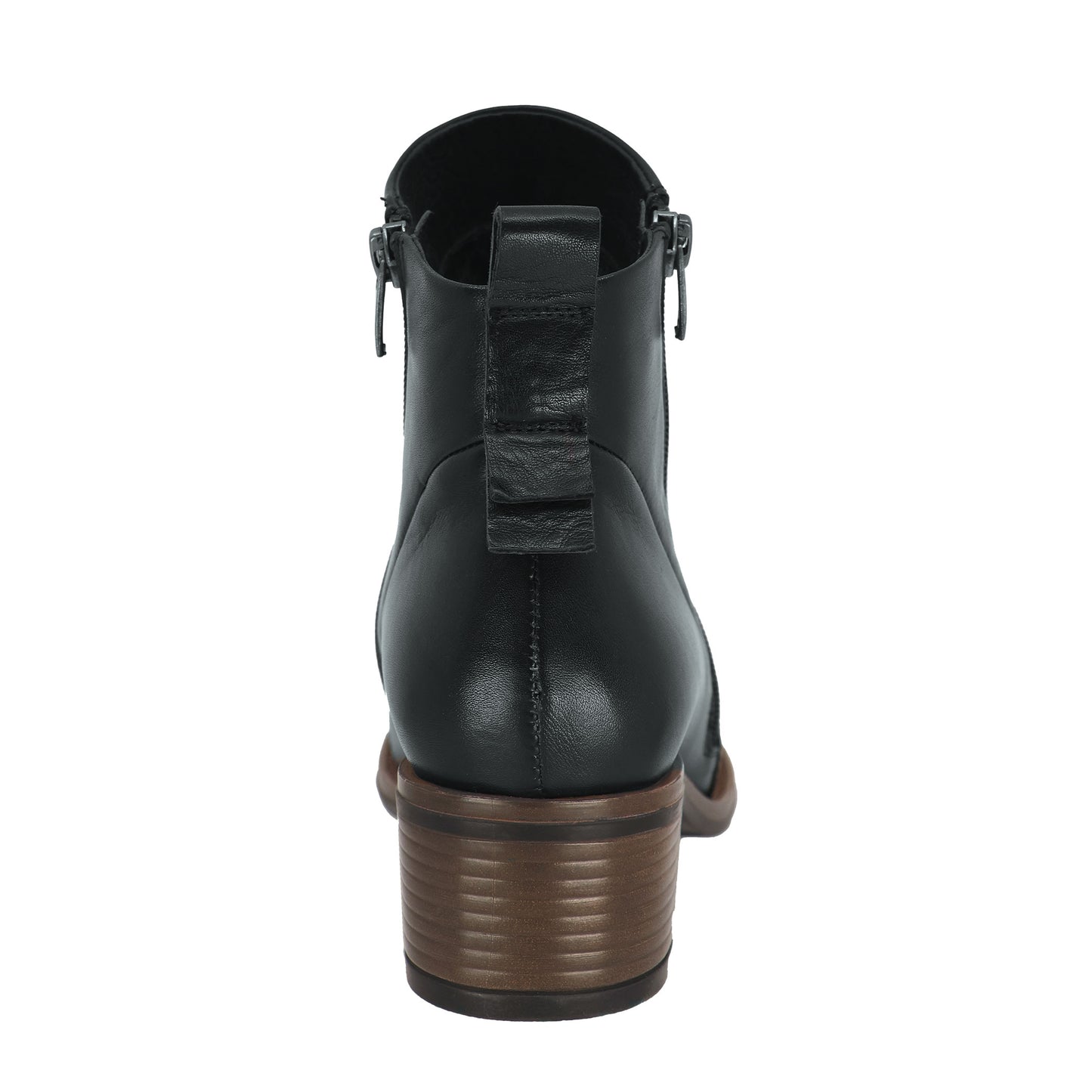 Back view of a black ankle boot with a stacked brown heel and a zipper.