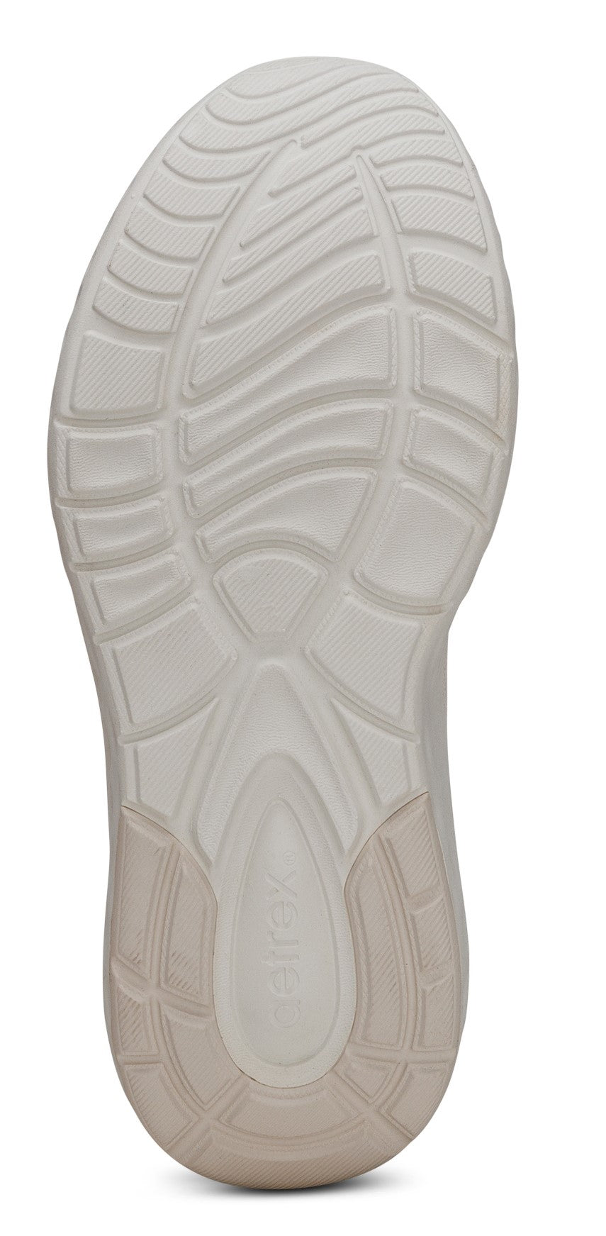 The sole of a shoe with a textured grip pattern.