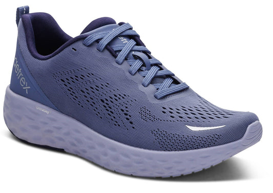 A low-top running shoe in blue with Metrex branding.