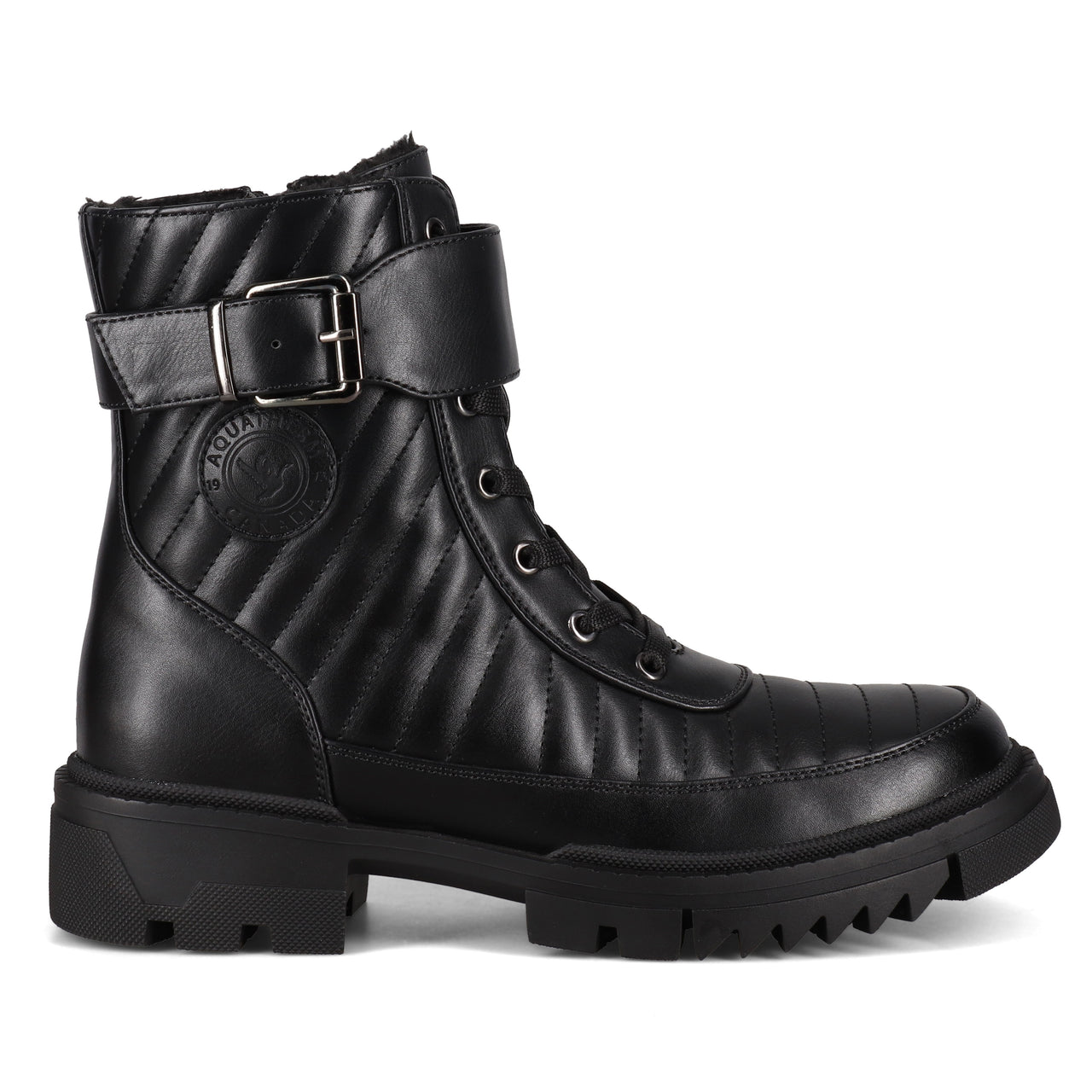 Black ankle-high quilted boot with buckle strap and lug sole.