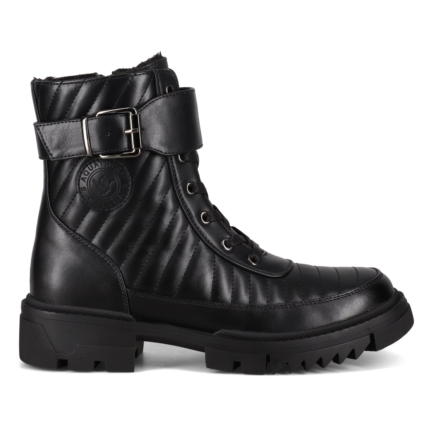 Black ankle-high quilted boot with buckle strap and lug sole.