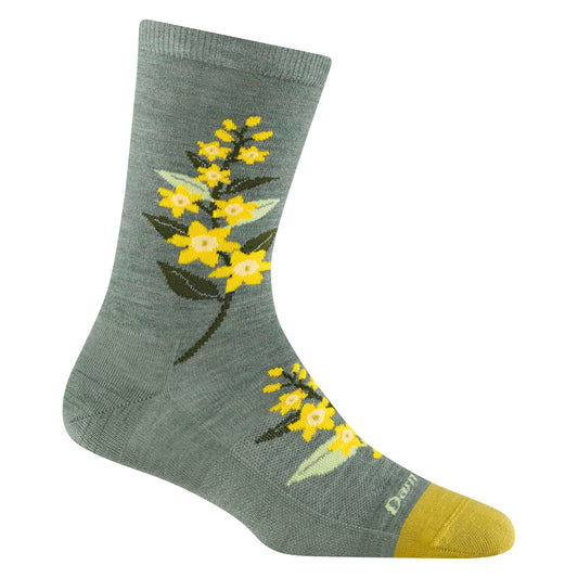 Gray sock with yellow flowered plant design and yellow toe.
