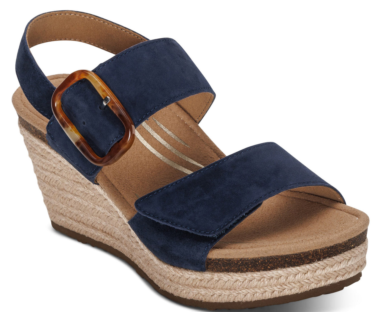A blue wedge sandal with adjustable straps and a decorative buckle.
