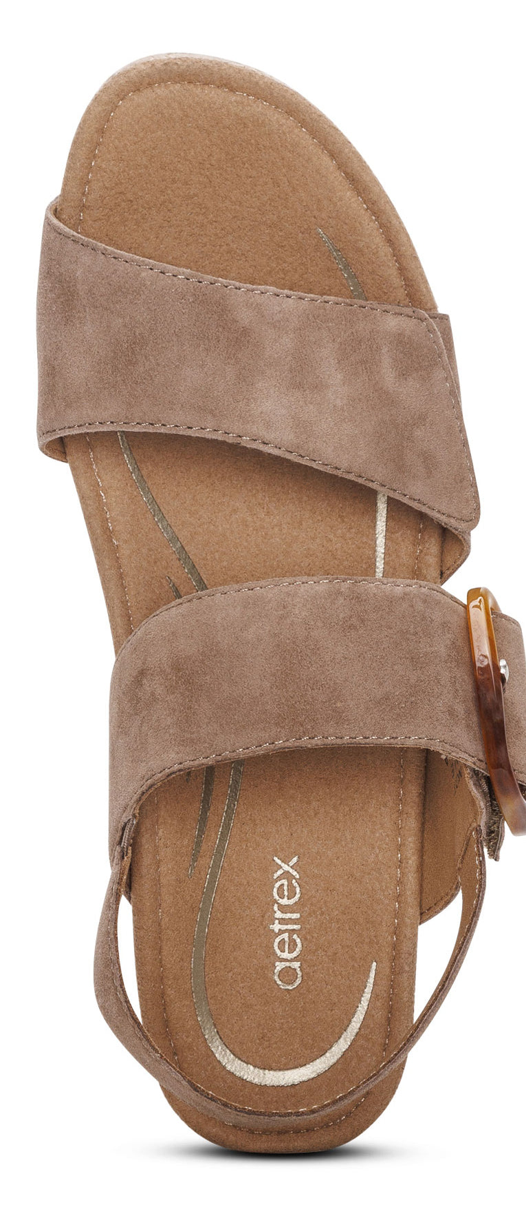 Taupe sandal with two suede straps and buckle.
