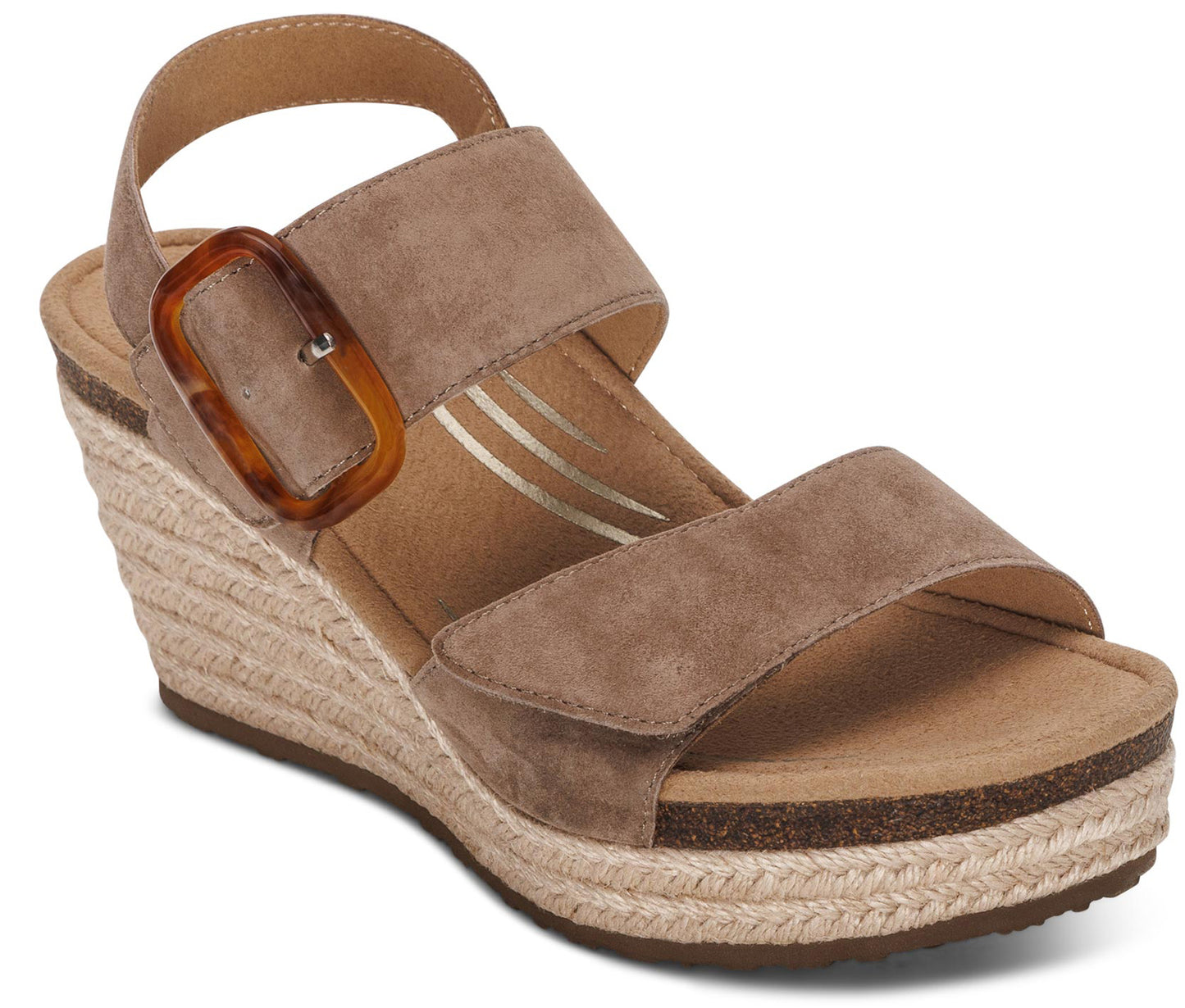 Tan suede platform wedge sandal with adjustable ankle and instep straps and a square tortoiseshell buckle.