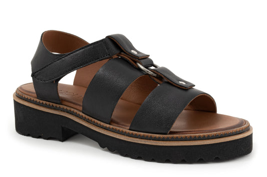 Black leather fisherman sandal with platform sole.