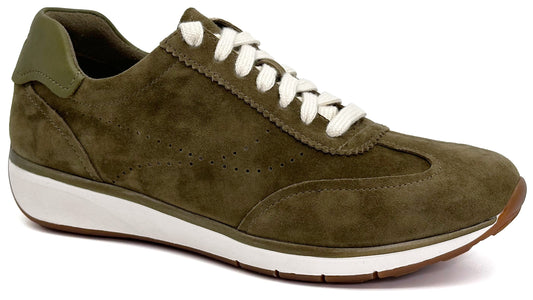 A low-top sneaker in olive green suede with white laces and a white midsole, featuring decorative perforations along the side.