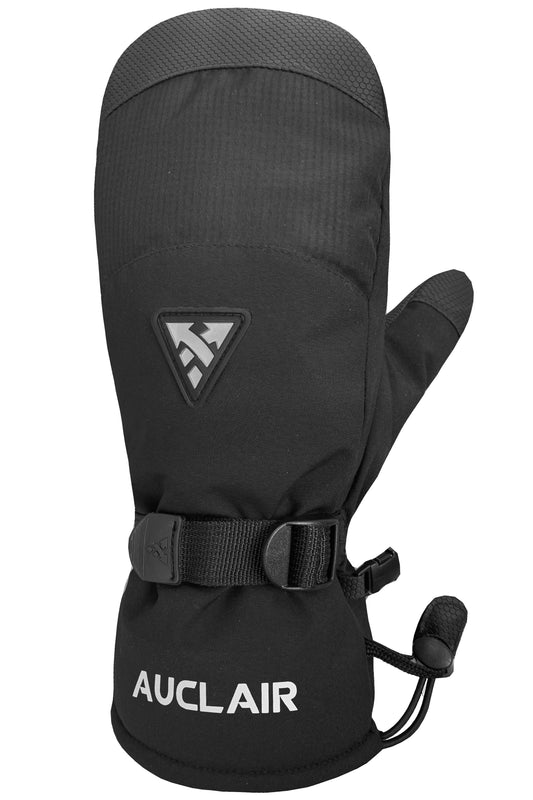 Black winter mitten with logo and tightening strap.