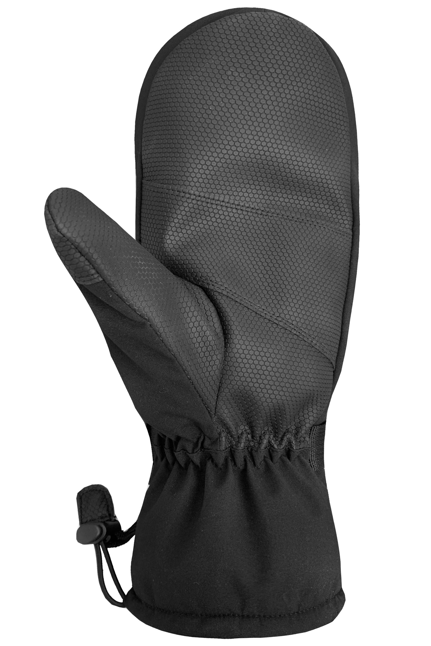 A black mitten with an elastic cuff and a toggle on a drawcord.