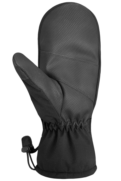 A black mitten with an elastic cuff and a toggle on a drawcord.