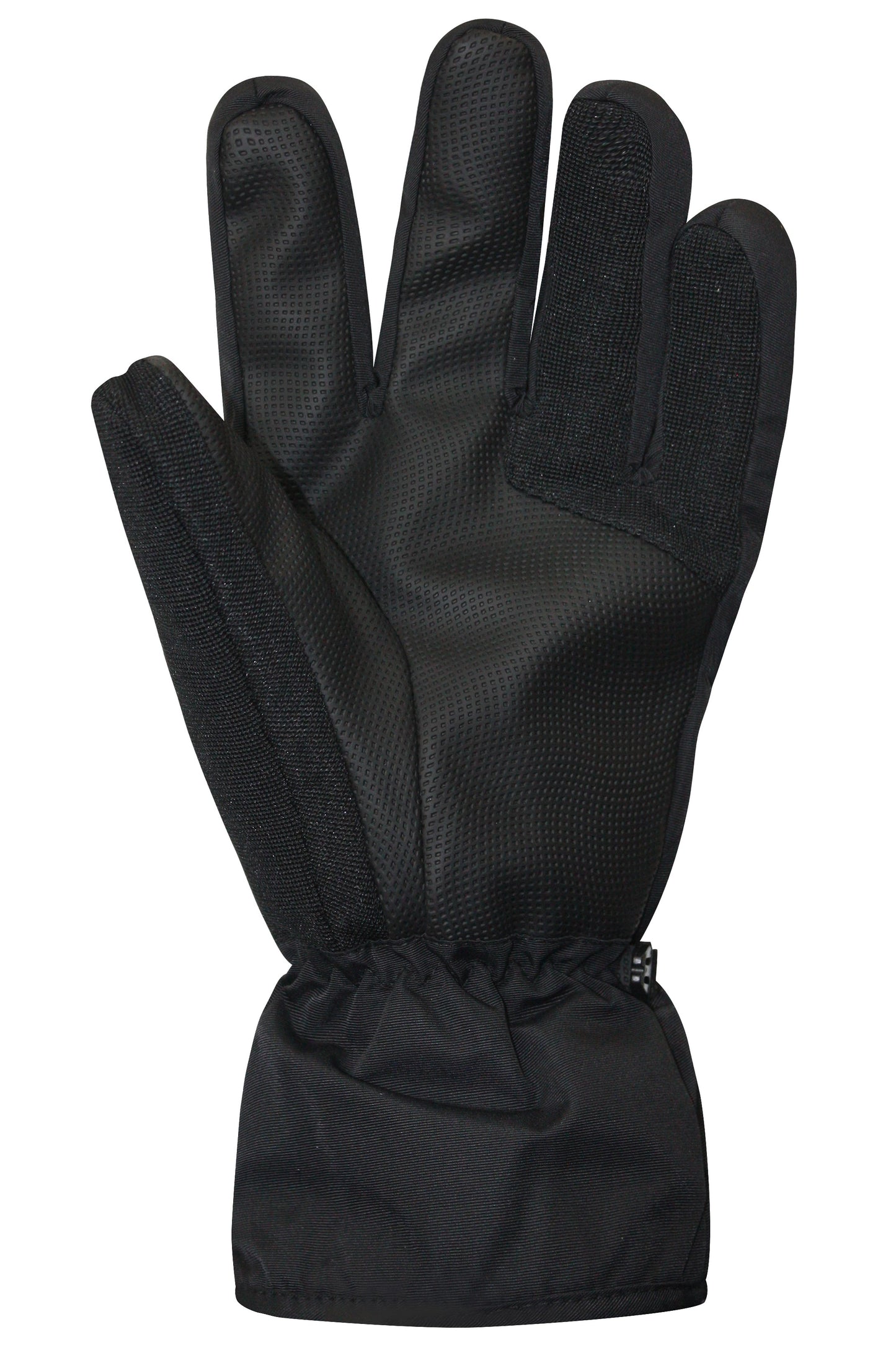 Black ski glove with palm side facing viewer.
