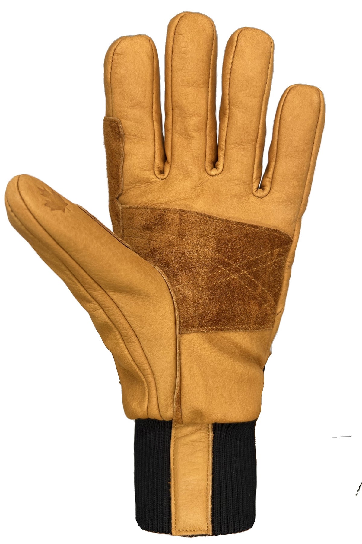 Tan leather glove with brown suede palm reinforcement and a black knit wrist cuff.