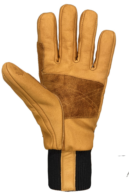 Tan leather glove with brown suede palm reinforcement and a black knit wrist cuff.