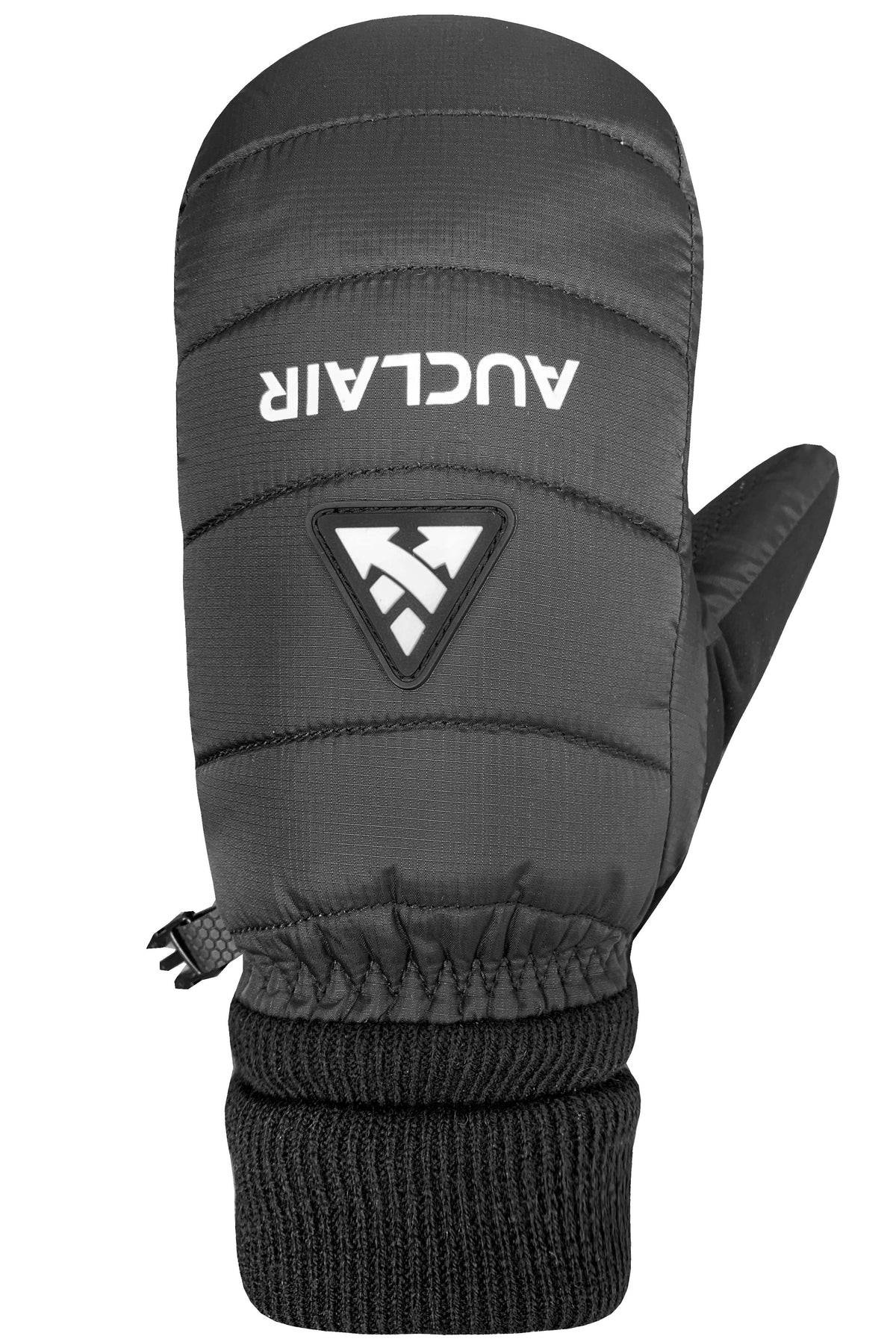 Black insulated mitten with "AUCLAIR" text and logo near the top, and a cinched wrist.