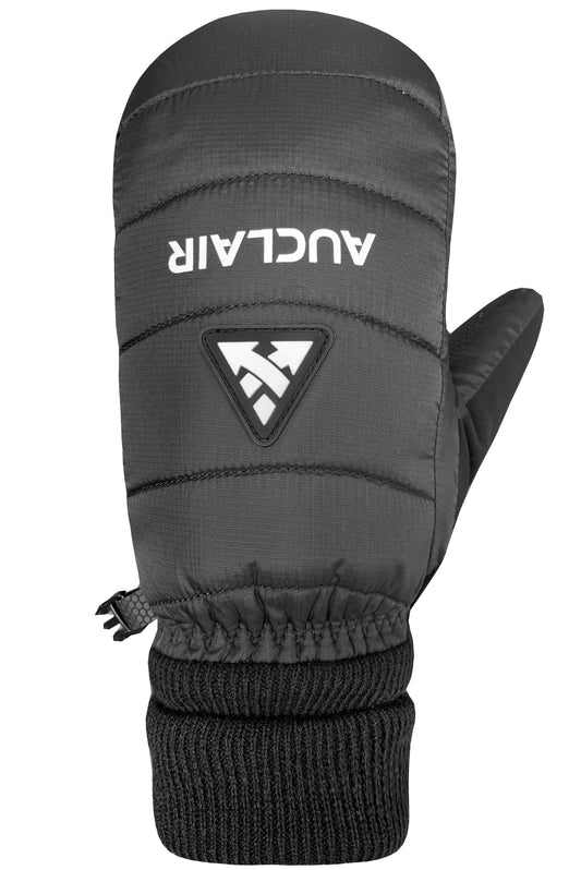Black insulated mitten with "AUCLAIR" text and logo near the top, and a cinched wrist.