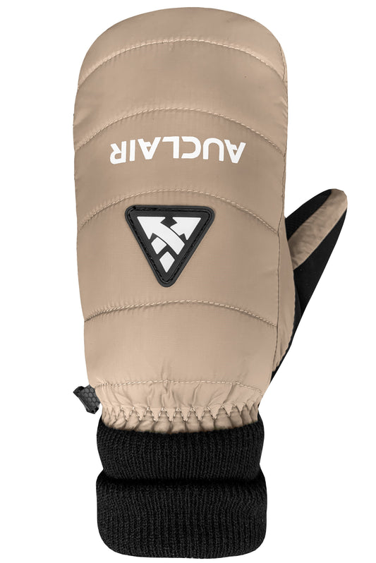 Beige puffy ski mitt with black wrist band and thumb. AUCLAIR logo on the mitt.