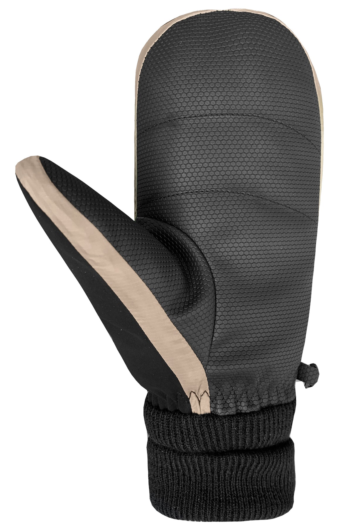 Black mitten with tan trim and a ribbed black cuff.