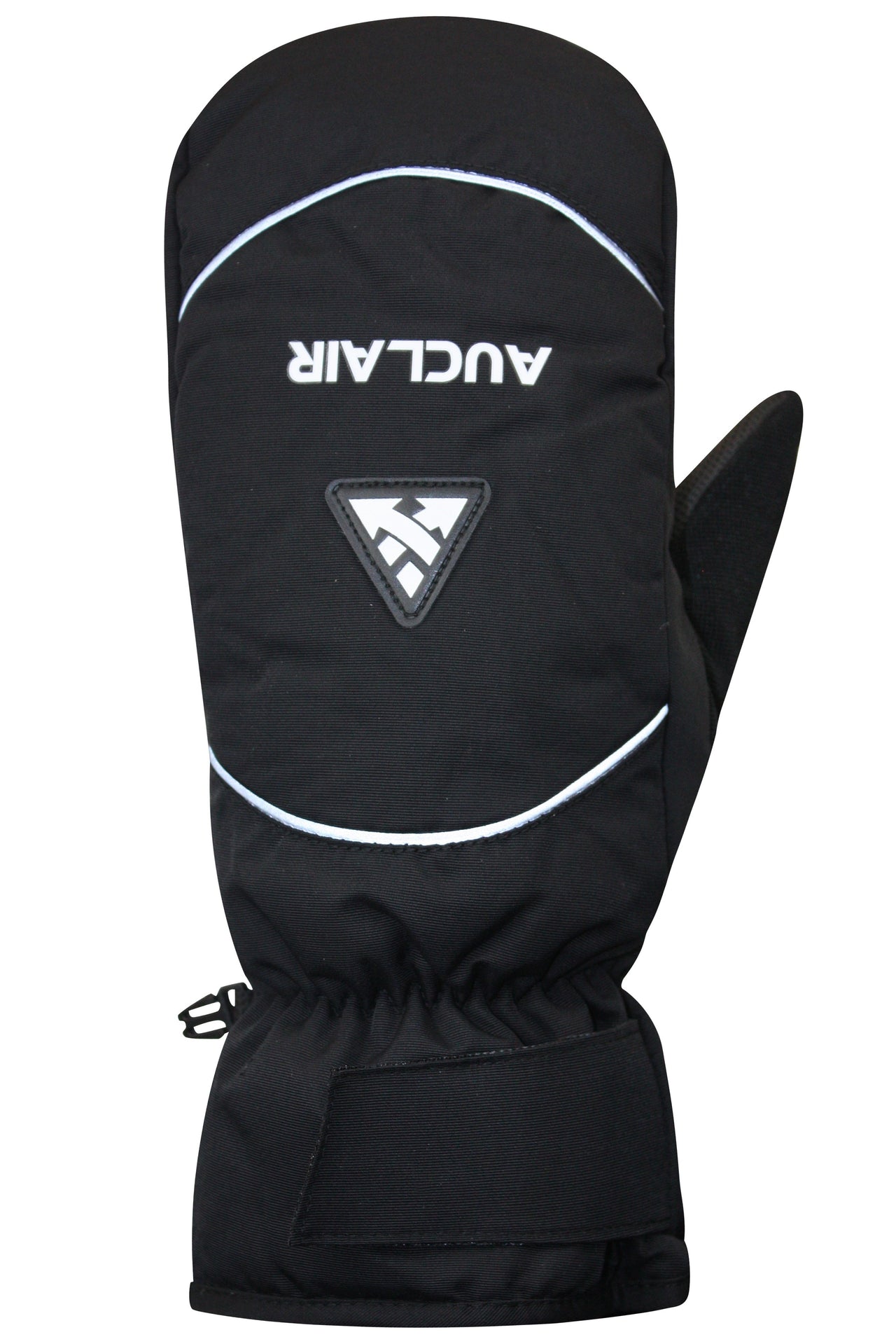 Black mitten with white trim and the text AUCLAIR above a logo.