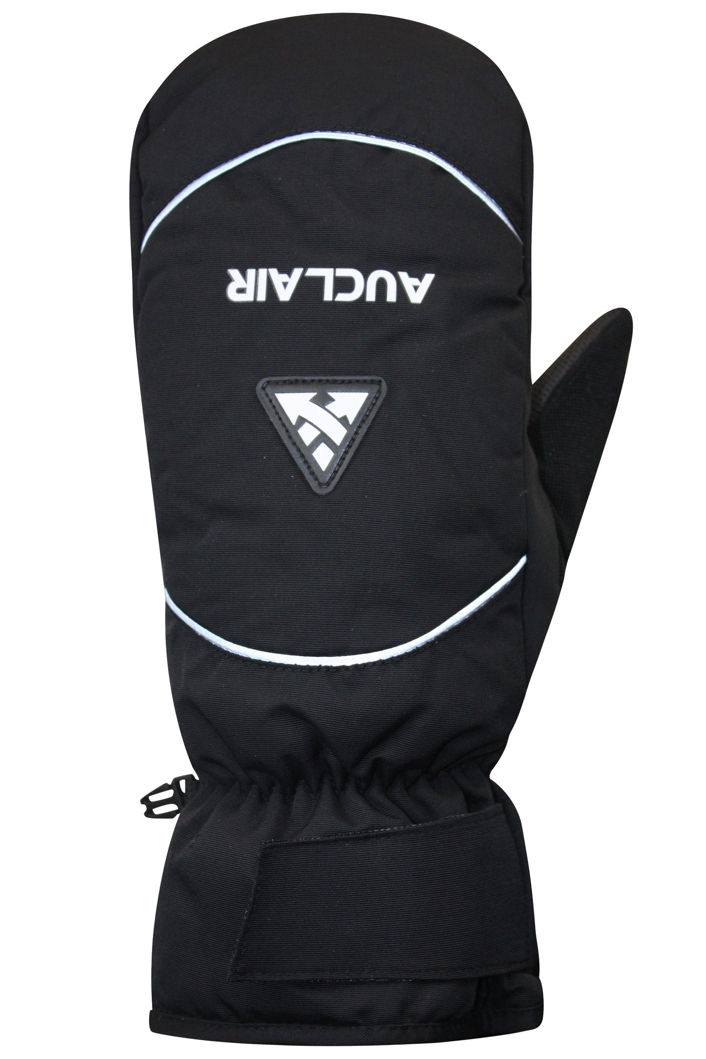 Black mitten with white trim and the text AUCLAIR above a logo.
