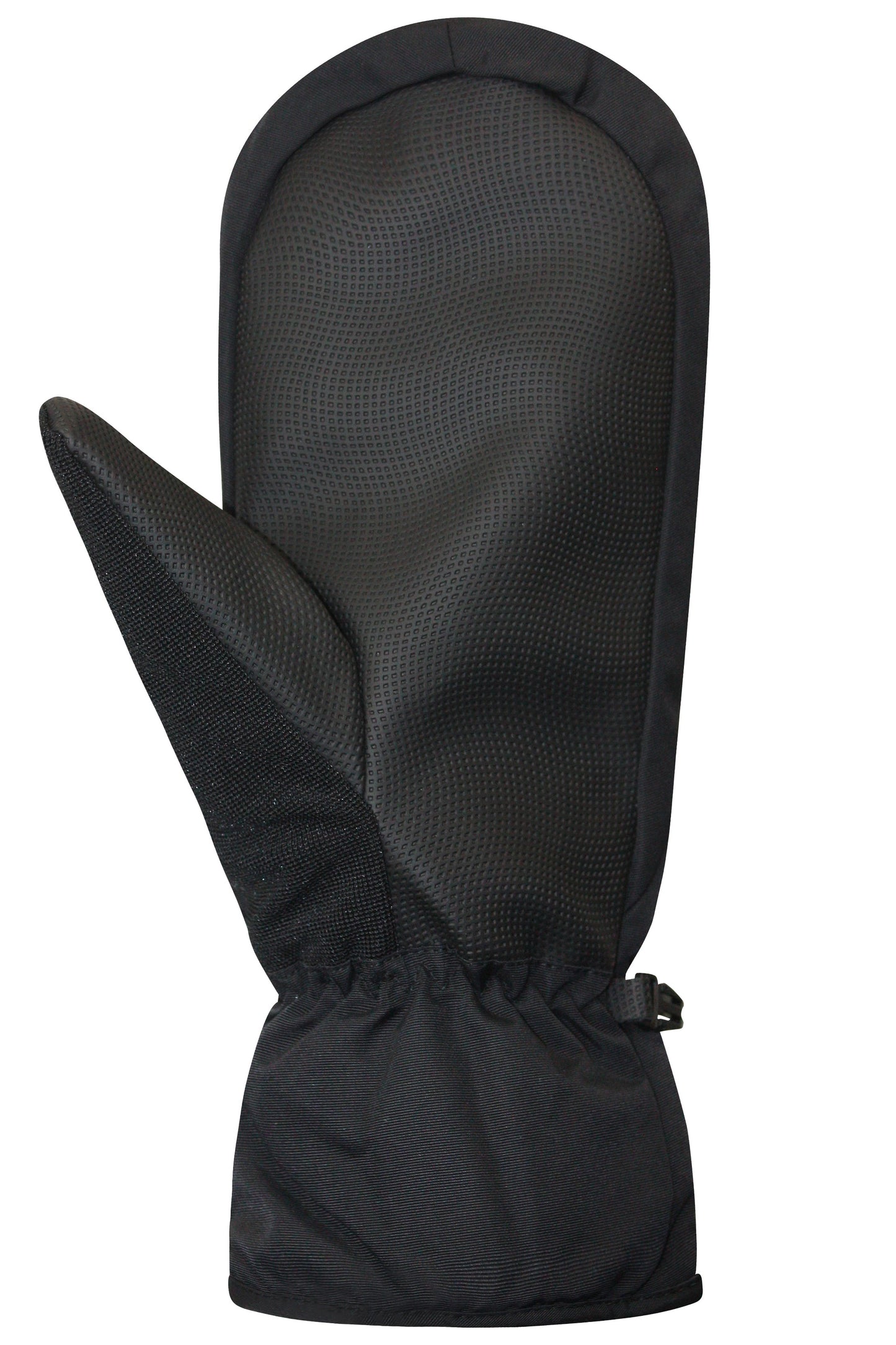 Black winter mitten with textured palm and adjustable wrist strap.