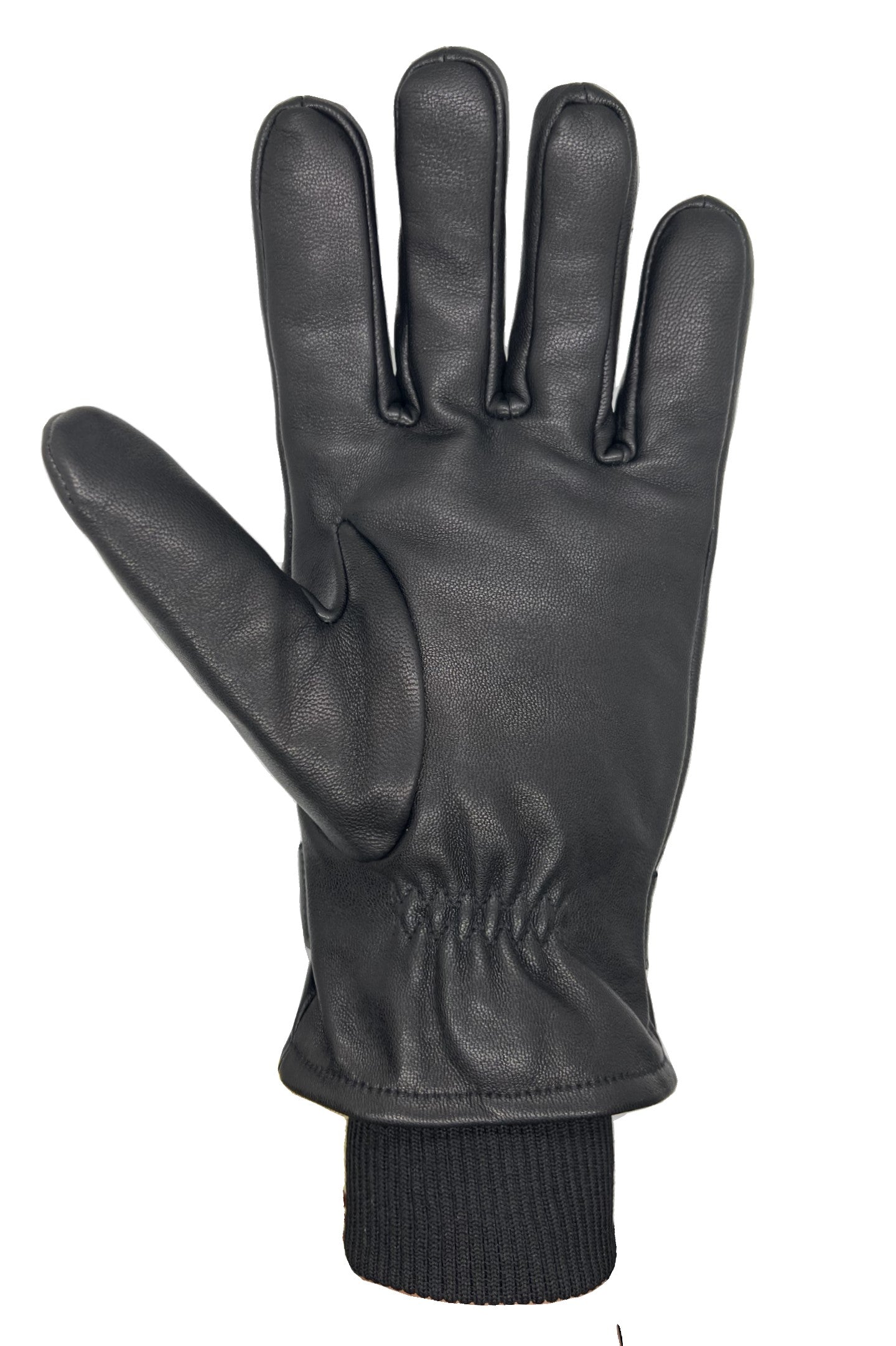 Black leather glove with knit cuff, palm view.