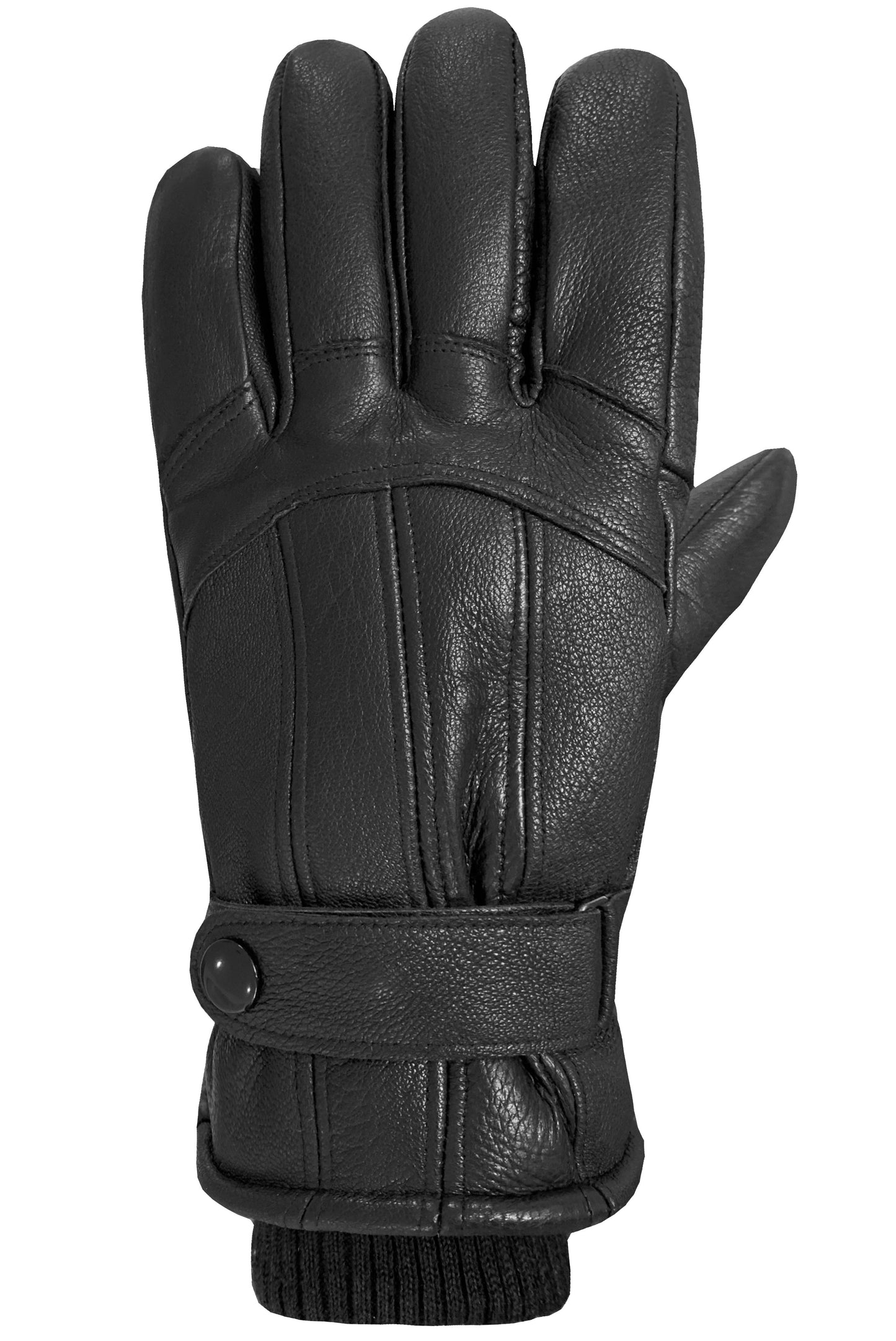 A black leather glove with a wrist strap and knitted cuff.