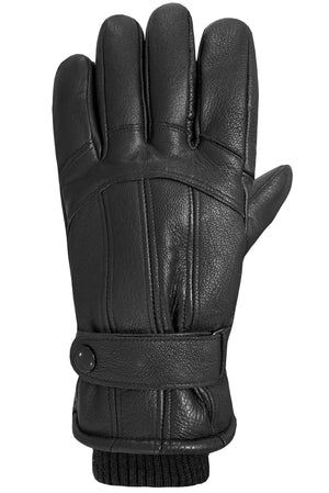 A black leather glove with a wrist strap and knitted cuff.