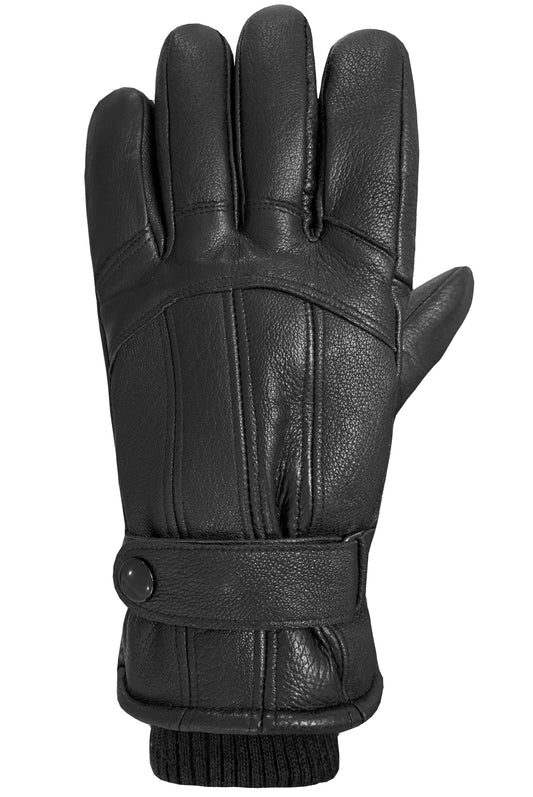 A black leather glove with a wrist strap and knitted cuff.
