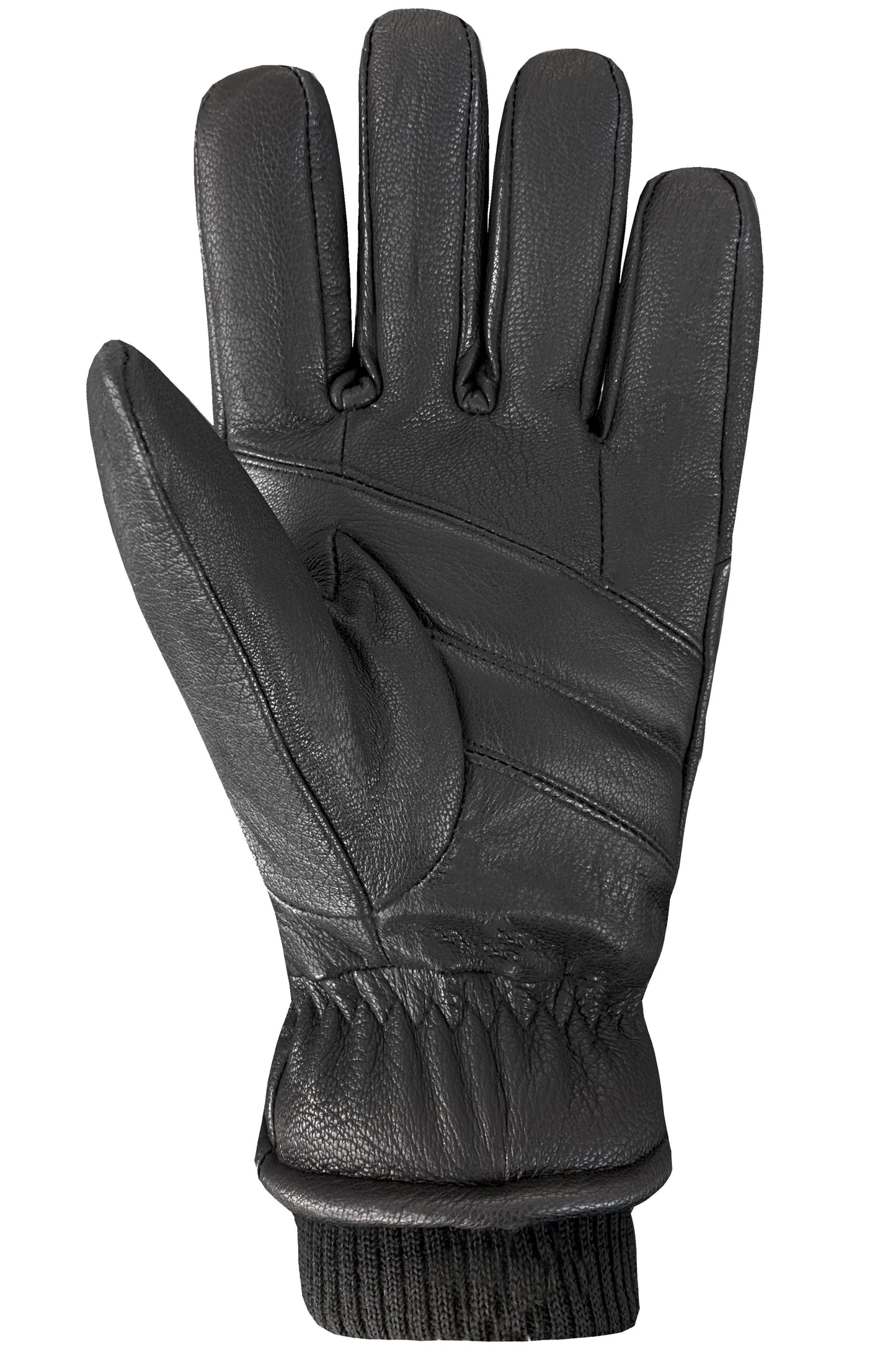 A black leather glove, palm-side-up, with visible stitching and a knit wrist cuff.