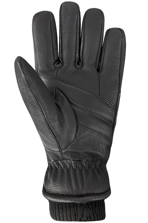 A black leather glove, palm-side-up, with visible stitching and a knit wrist cuff.