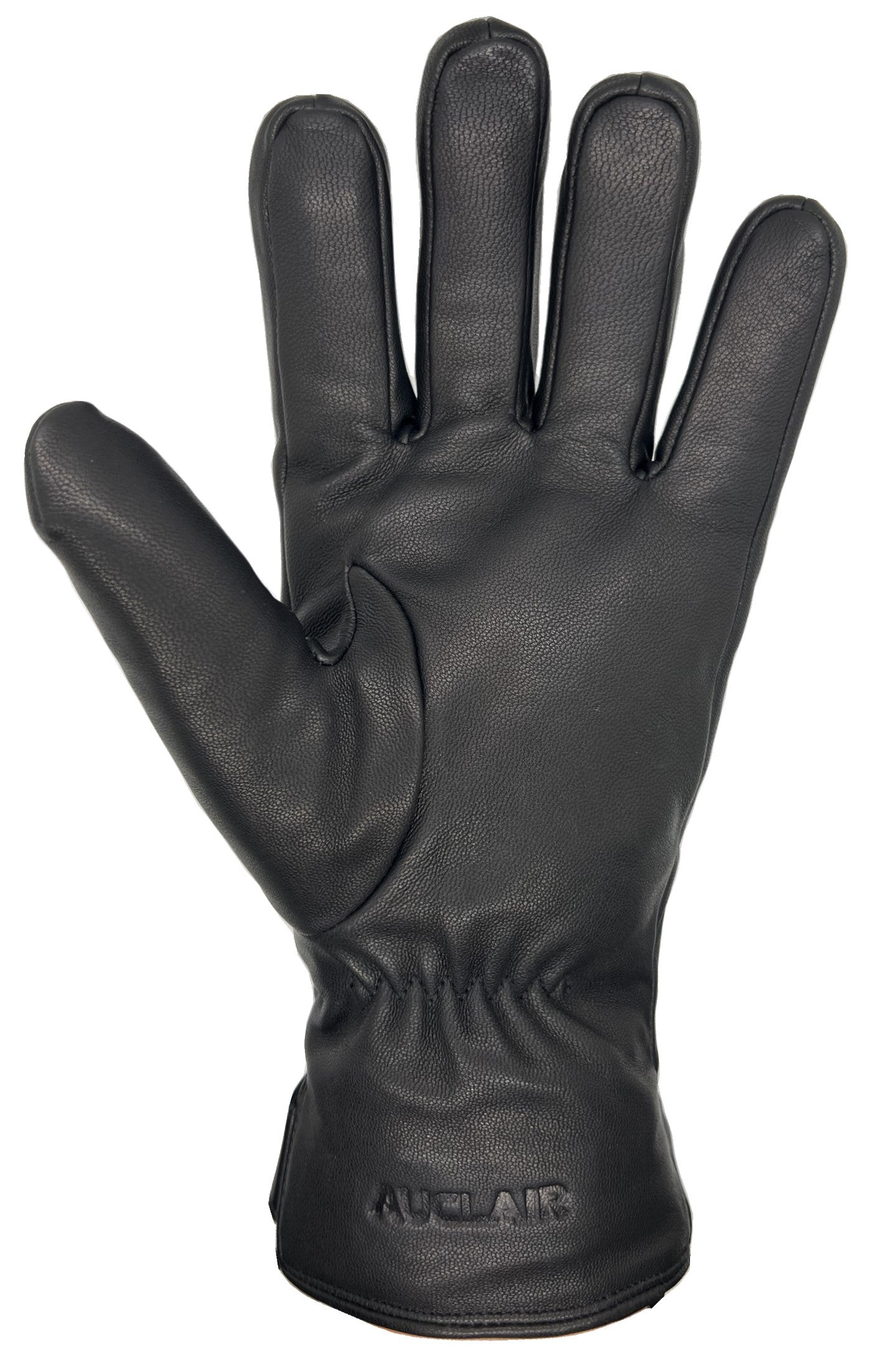 Black leather glove, palm side, with visible "AUCLAIR" text.