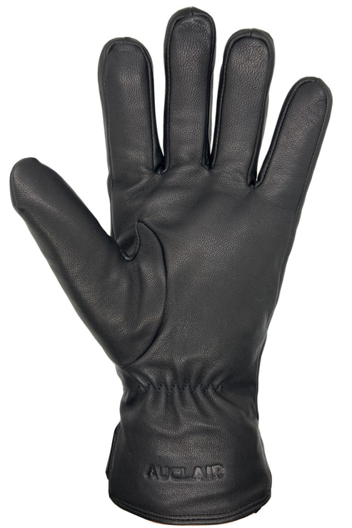 Black leather glove, palm side, with visible "AUCLAIR" text.