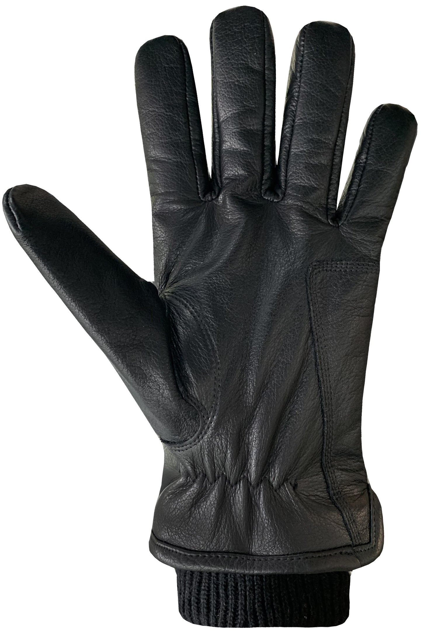 Black leather glove with knitted wrist.