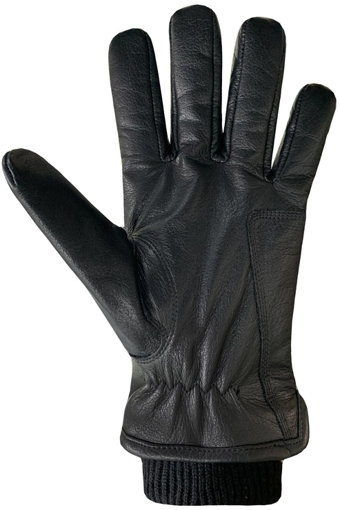 Black leather glove with knitted wrist.