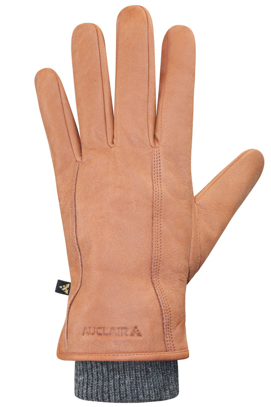 Tan leather glove with gray knit cuff.