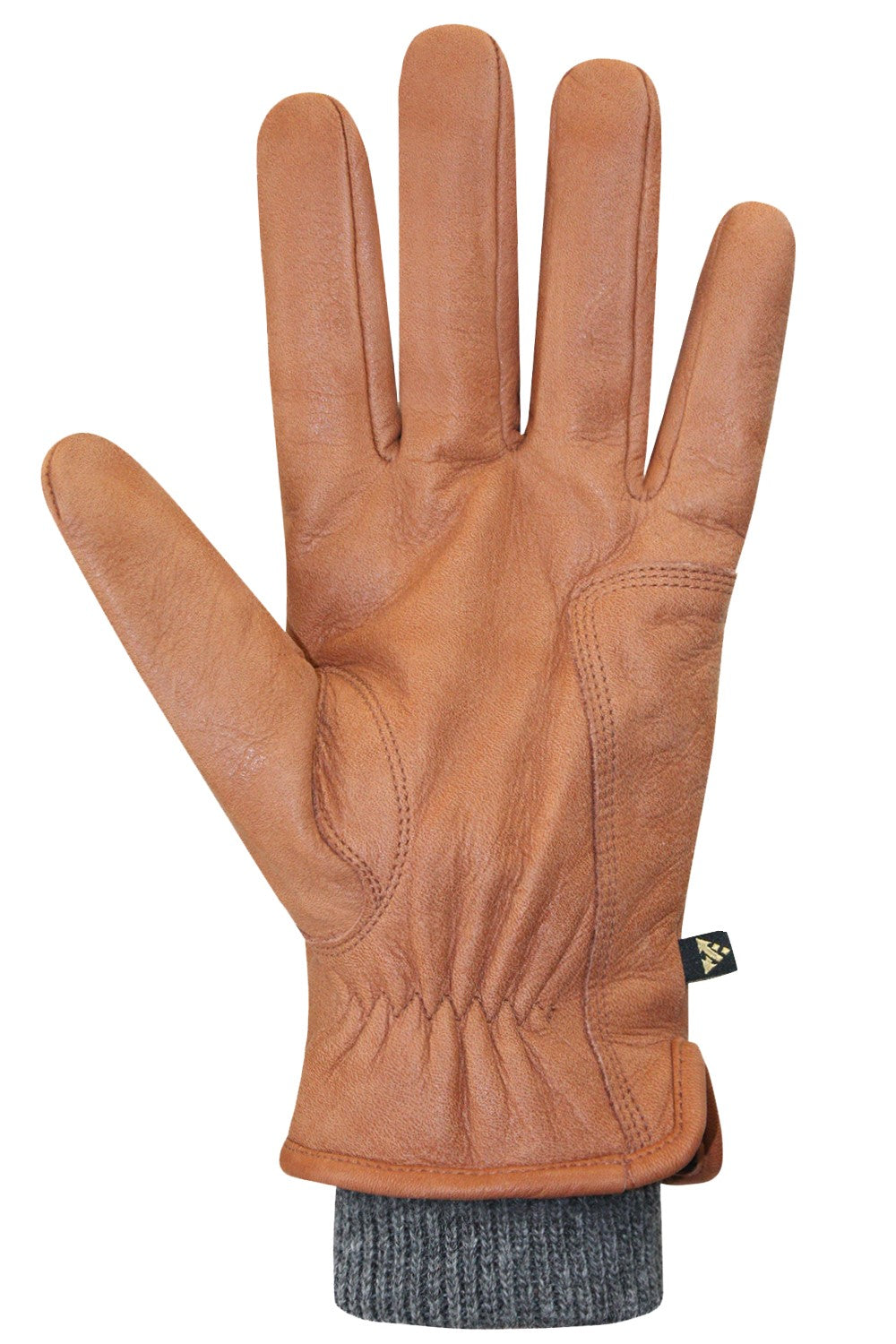 Tan leather glove with a gray knit wrist.