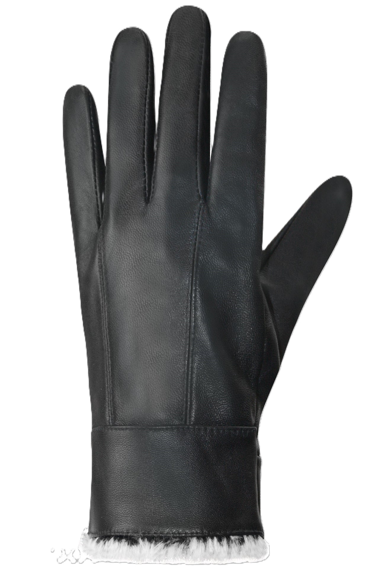Black leather glove with white fur trim.