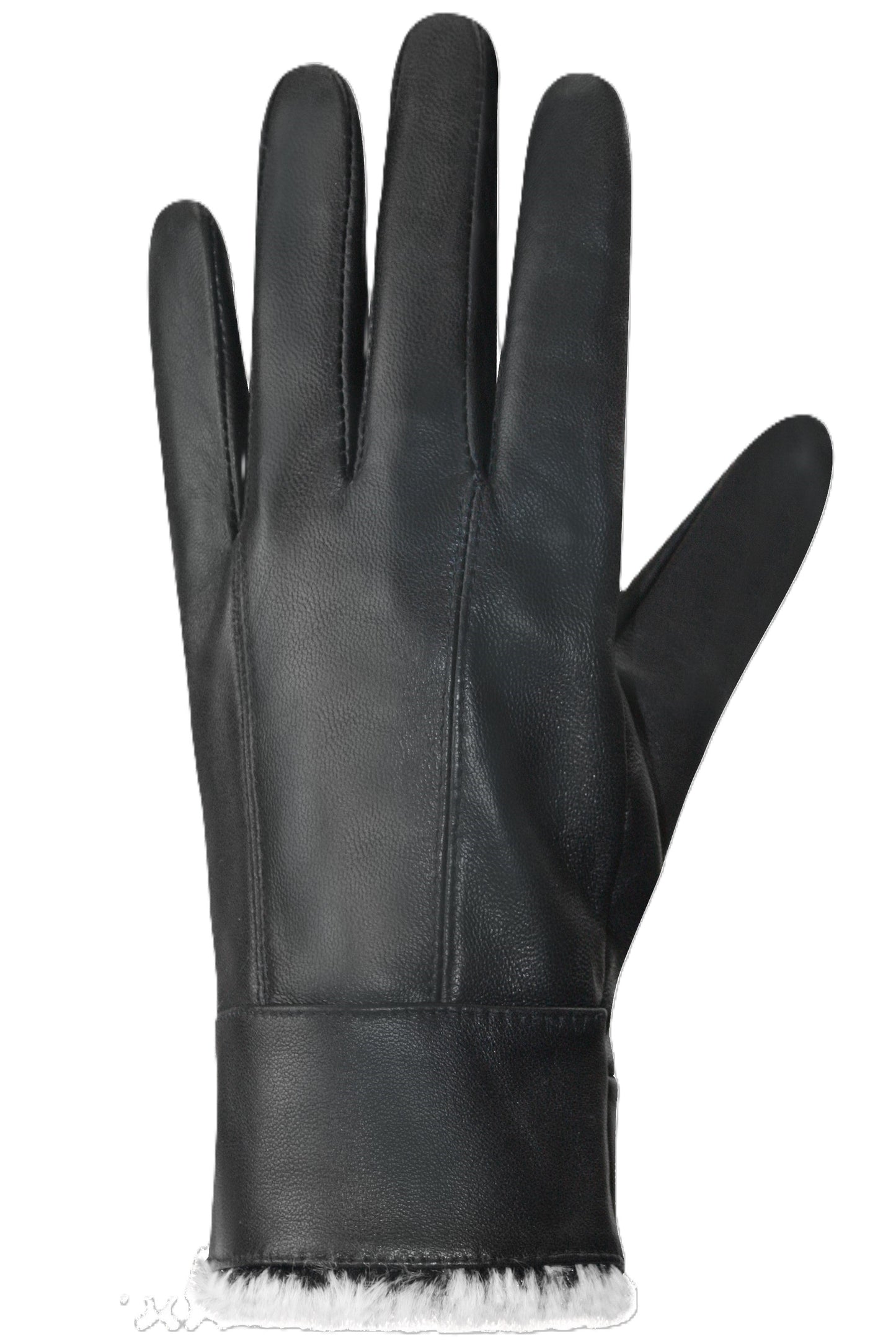 Black leather glove with white fur trim.