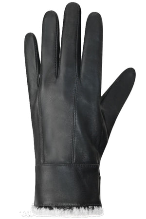 Black leather glove with white fur trim.